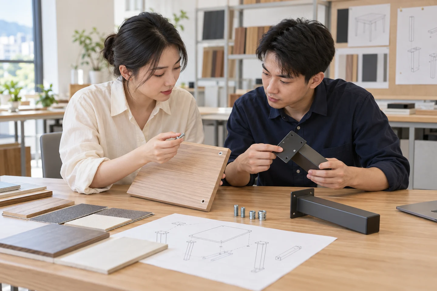 Chinese designers reviewing knock-down furniture joints, panels and drawings
