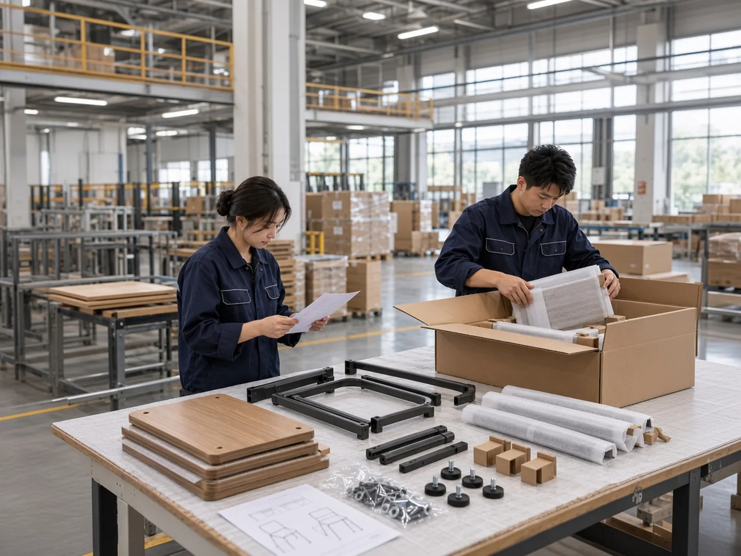 Workers packing foam-wrapped KD frames, wood panels and hardware into an export carton