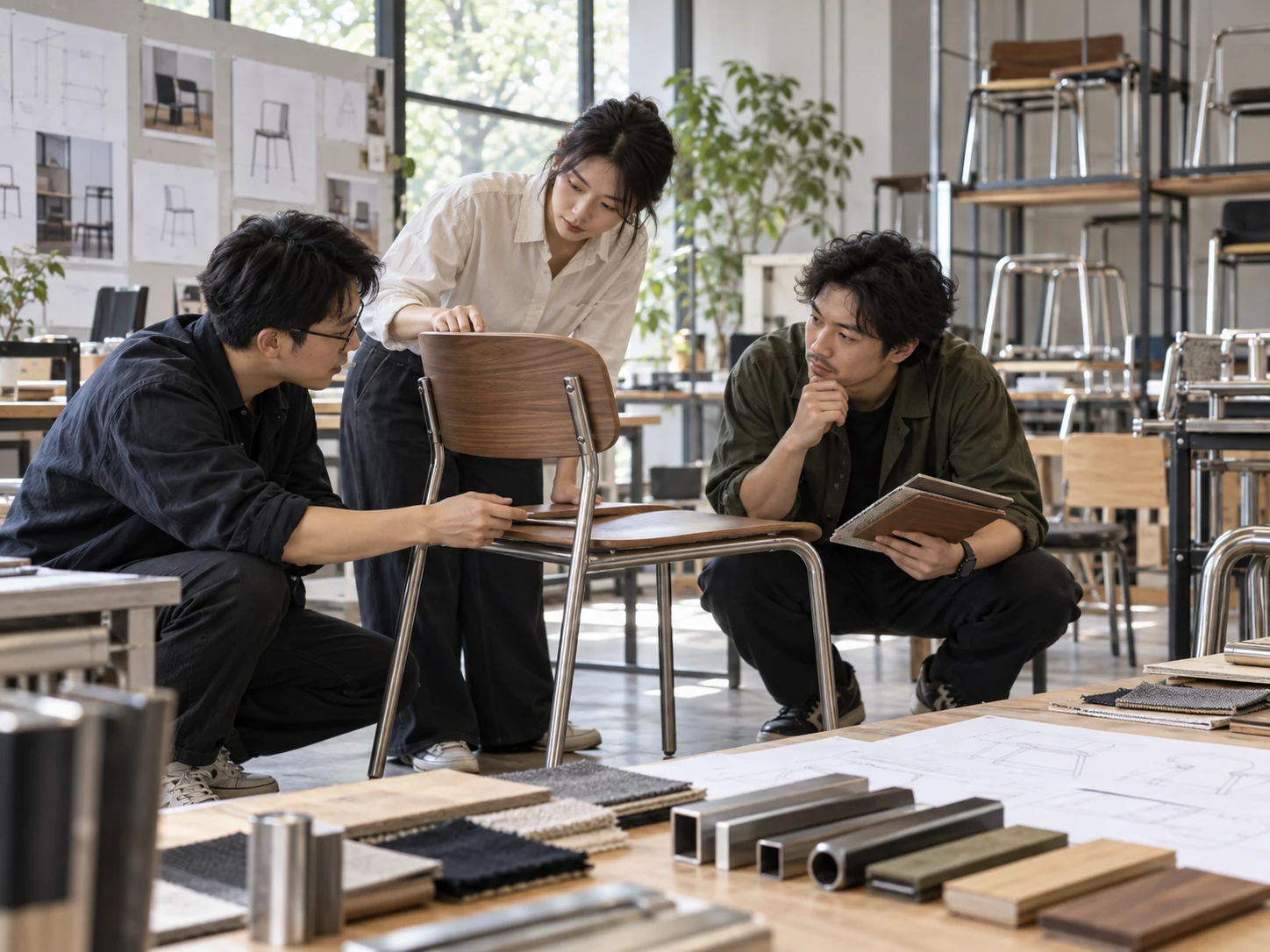 Chinese furniture design team reviewing a chair frame and materials