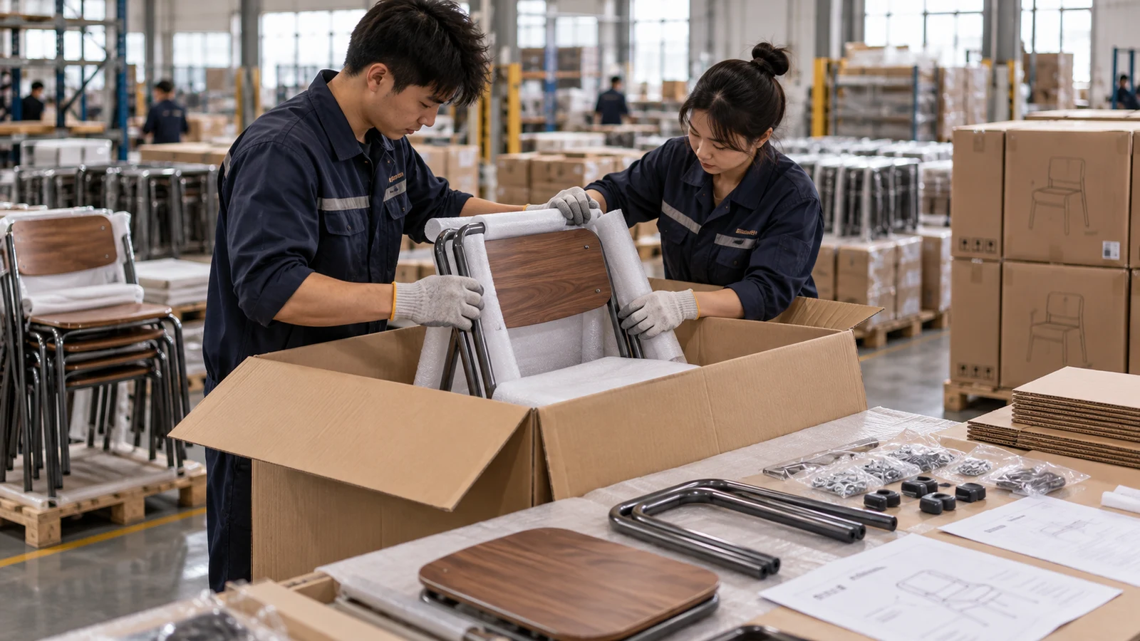 Staff protecting and packing a dining chair