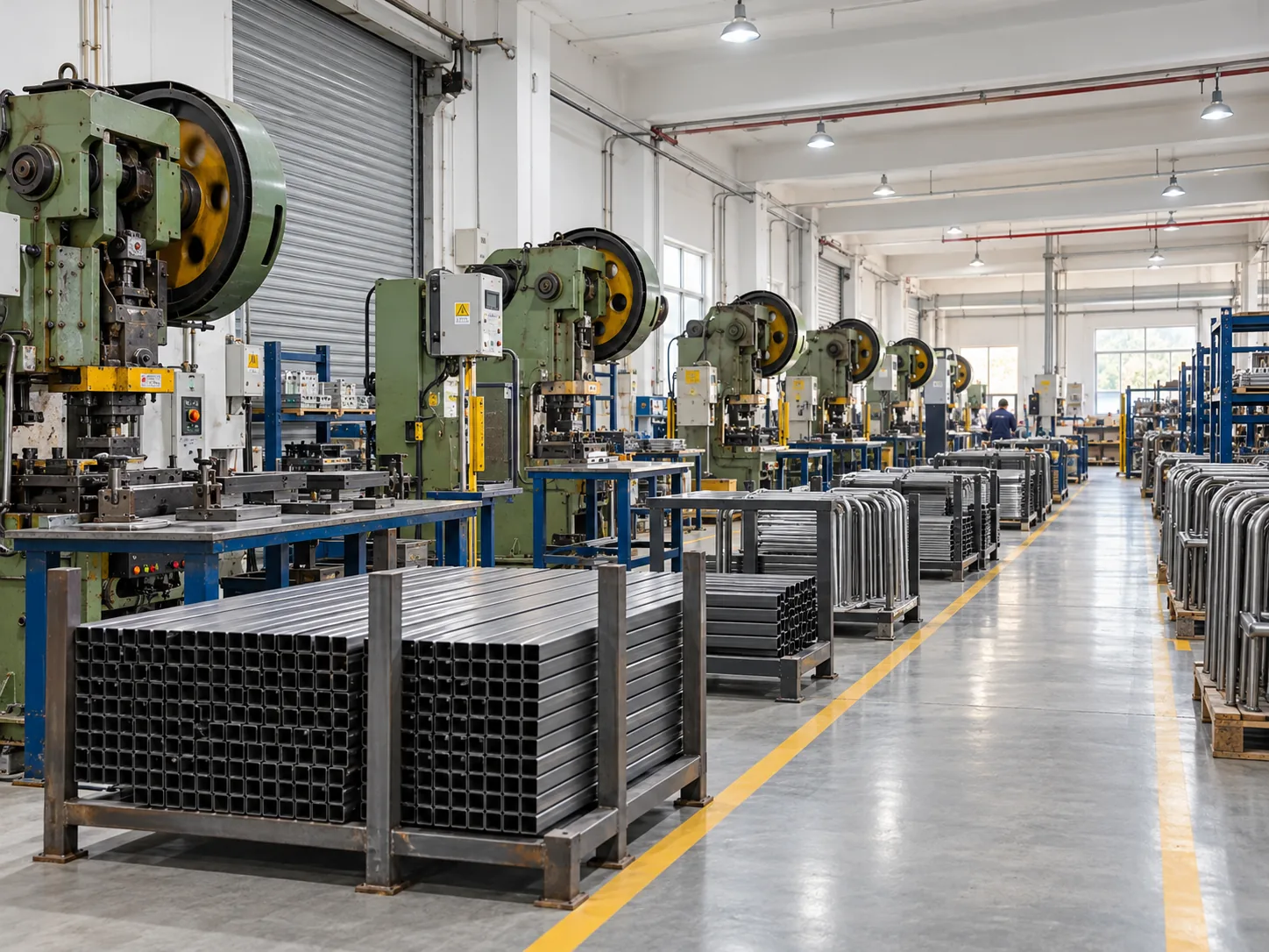 Punch-press aisle with square-tube stacks and knock-down U-bent steel parts
