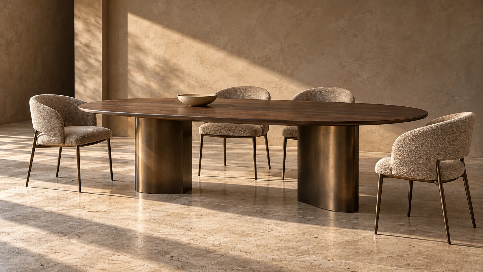 Walnut-finish dining table with two curved bronze-tone metal pedestals and four upholstered chairs in a sunlit architectural interior