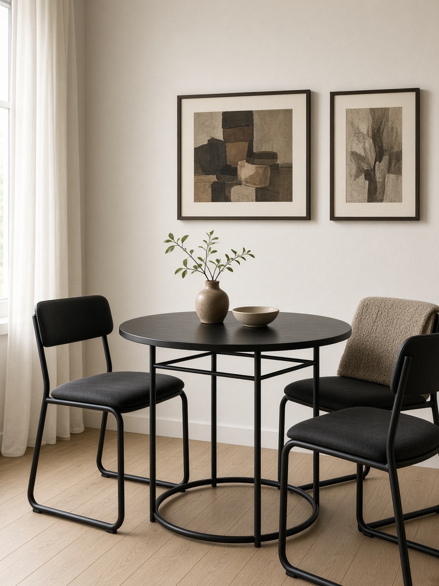 Black steel tube dining table and chairs in a warm café interior