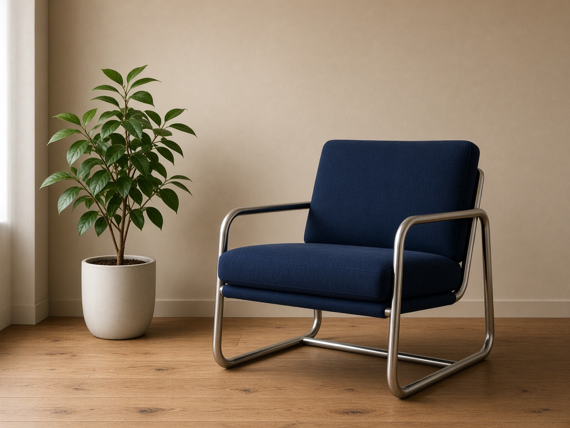 Navy upholstered lounge chair with a metal cantilever frame