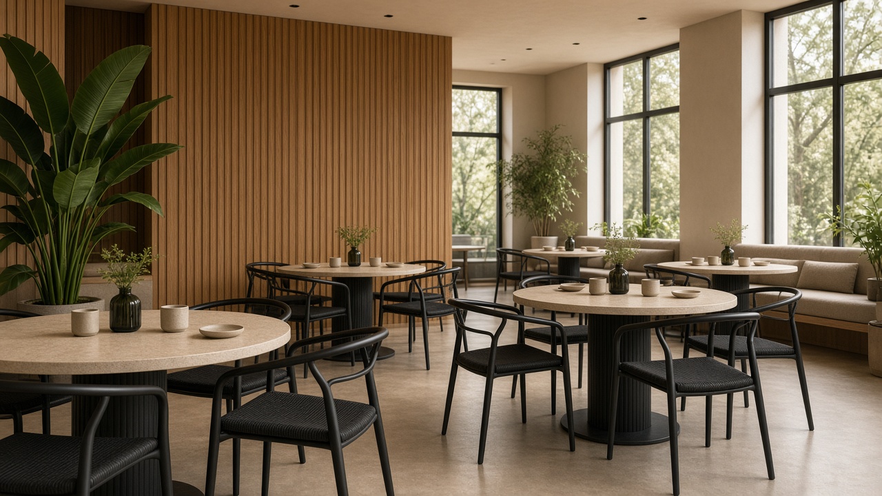 Steel-and-wood furniture in a dining space